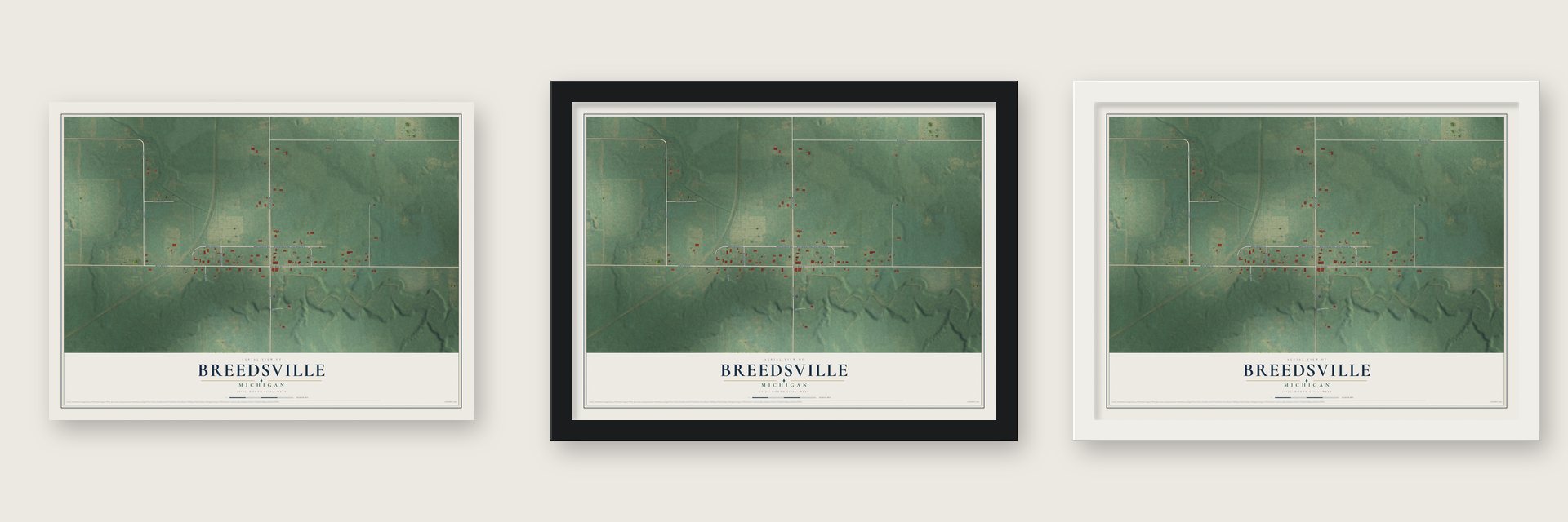 Breedsville, Michigan map unframed, in a black wood frame and in a white wood frame