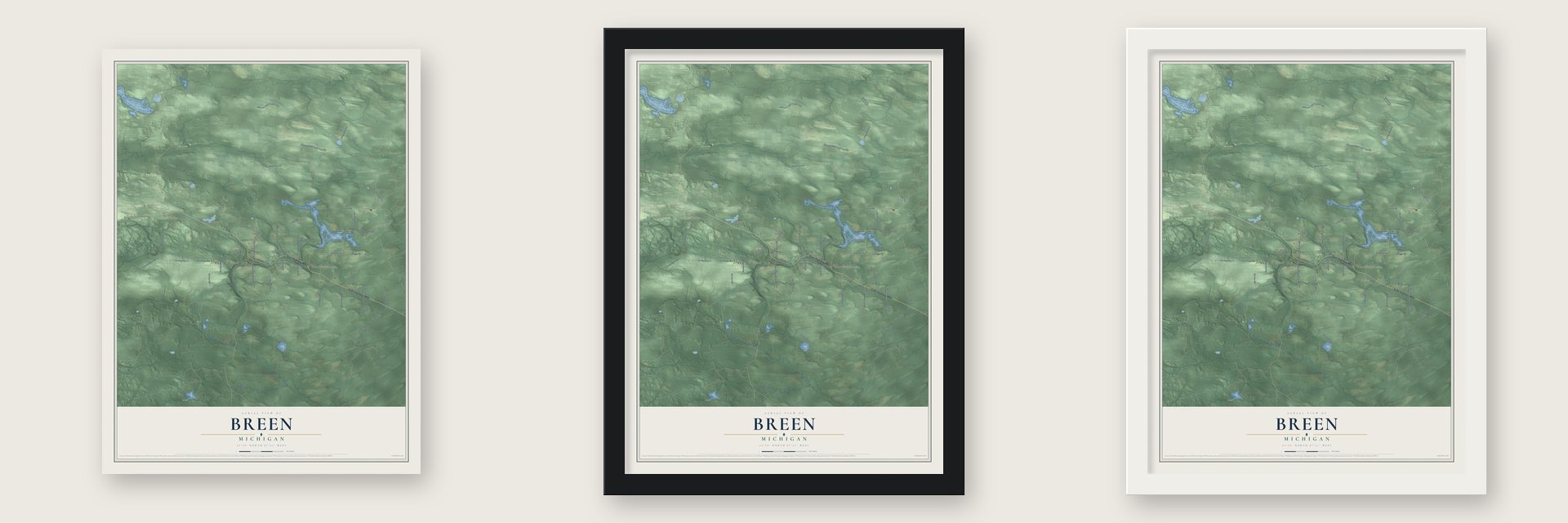 Breen, Michigan map unframed, in a black wood frame and in a white wood frame
