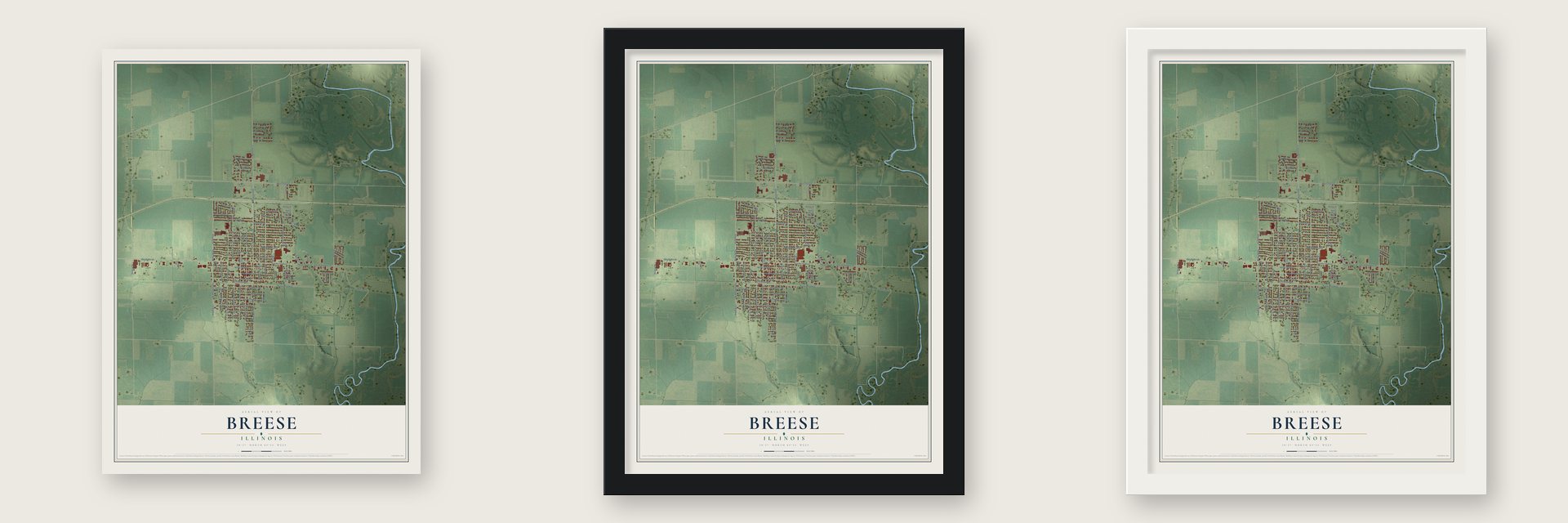 Breese, Illinois map unframed, in a black wood frame and in a white wood frame