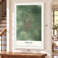 Breese, Illinois map, 24 x 36 inch print in a white frame by a staircase