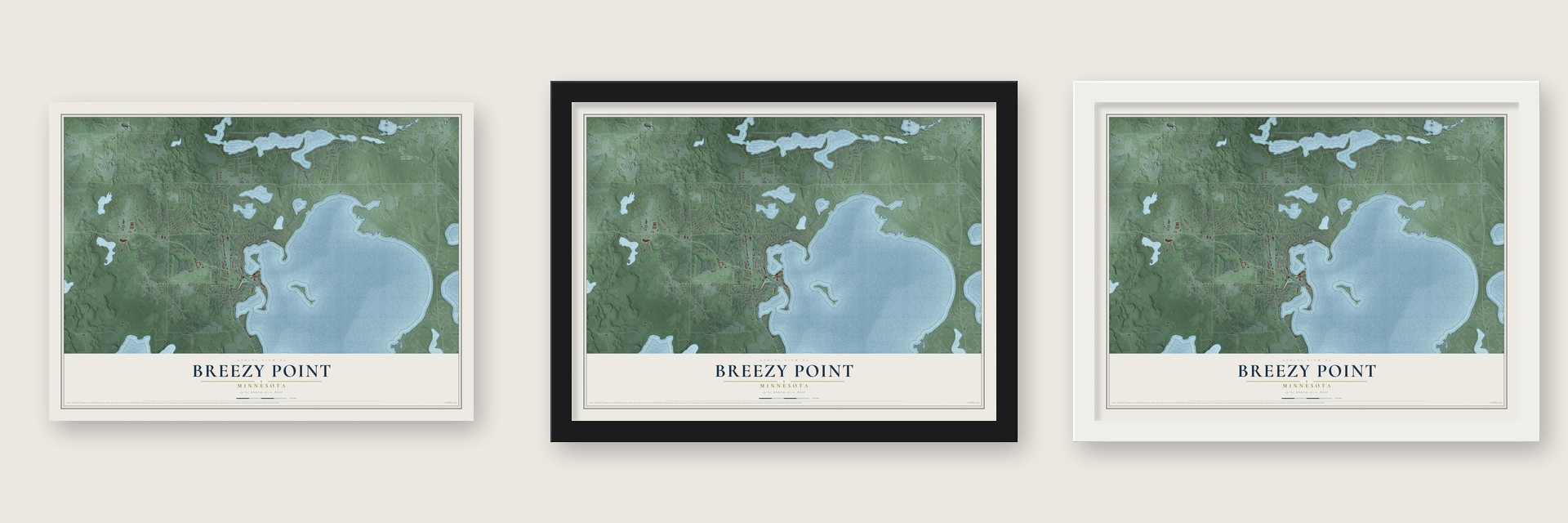 Breezy Point, Minnesota map unframed, in a black wood frame and in a white wood frame