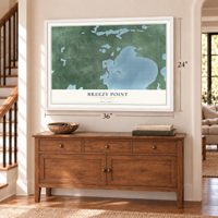 Breezy Point, Minnesota map, 24 x 36 inch print in a white frame above a dresser by a staircase