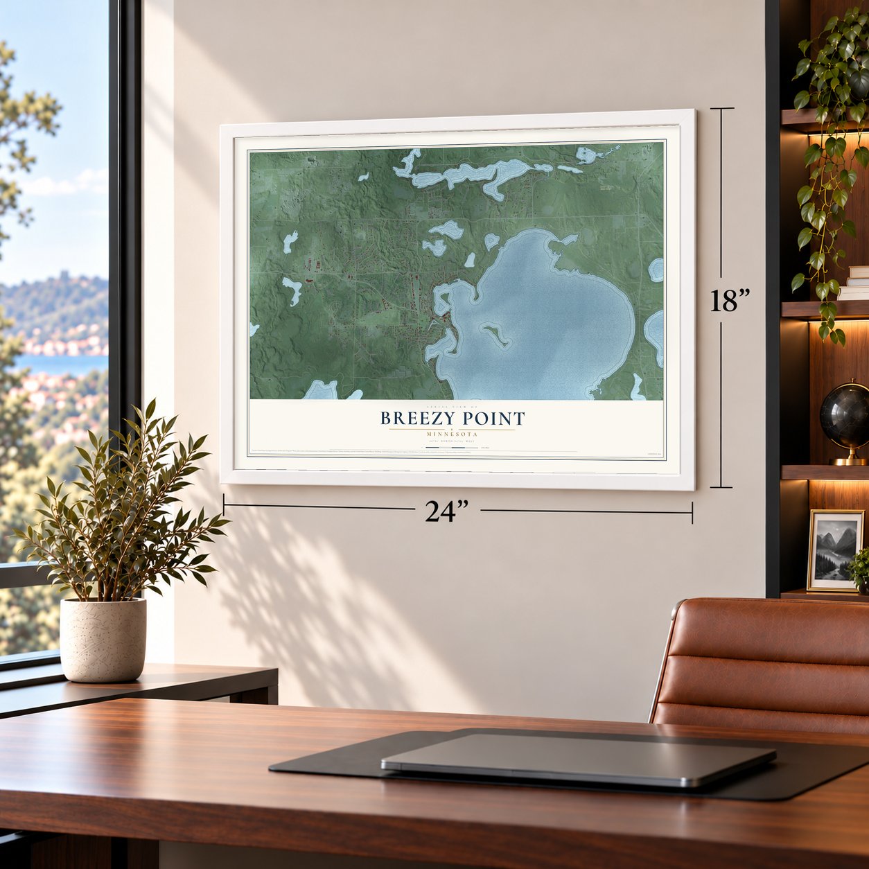 Breezy Point, Minnesota map, 18 x 24 inch print in a white frame in a home office