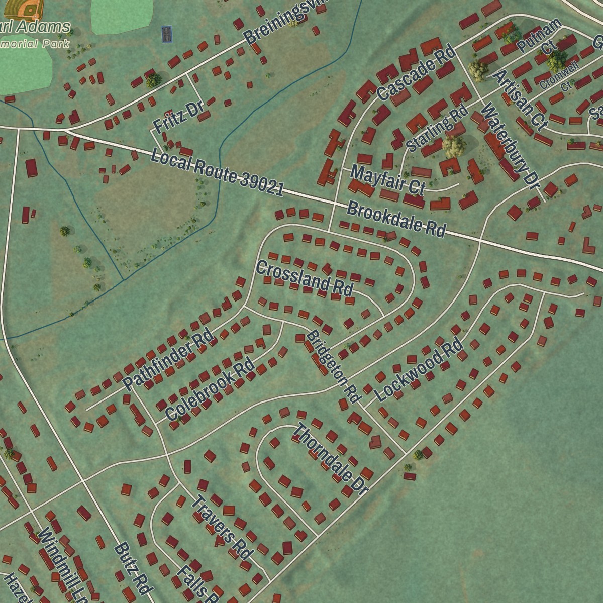 Second close-up of the map of Breinigsville, Pennsylvania print showing more streets and buildings