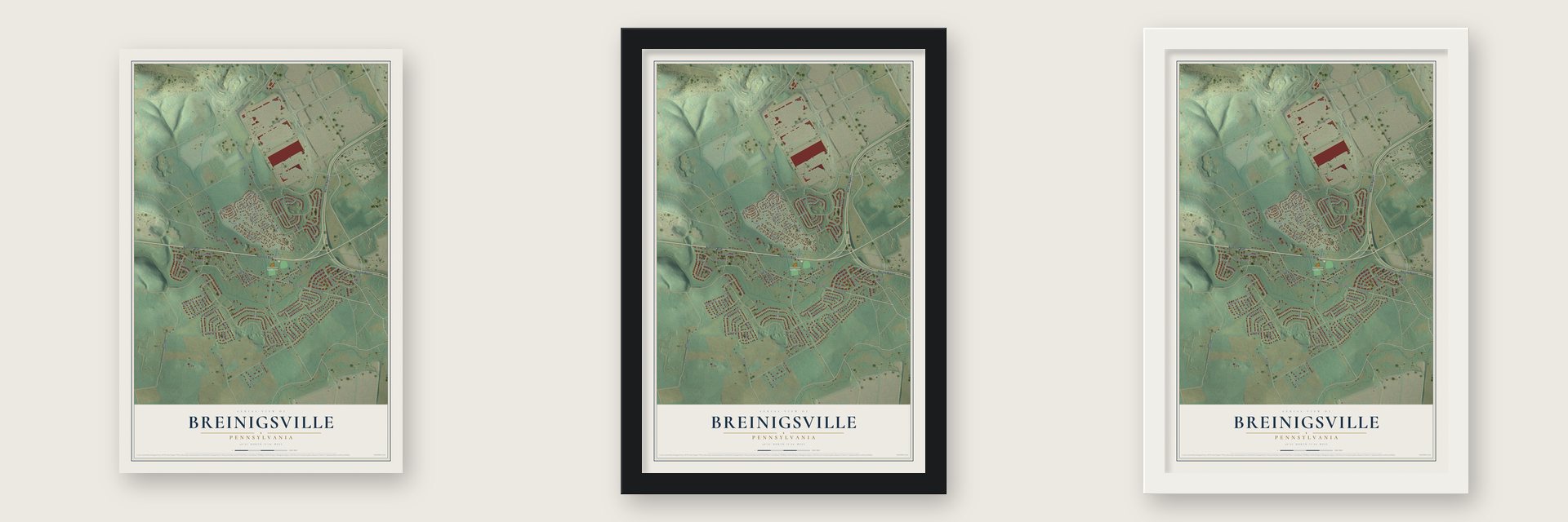 Breinigsville, Pennsylvania map unframed, in a black wood frame and in a white wood frame