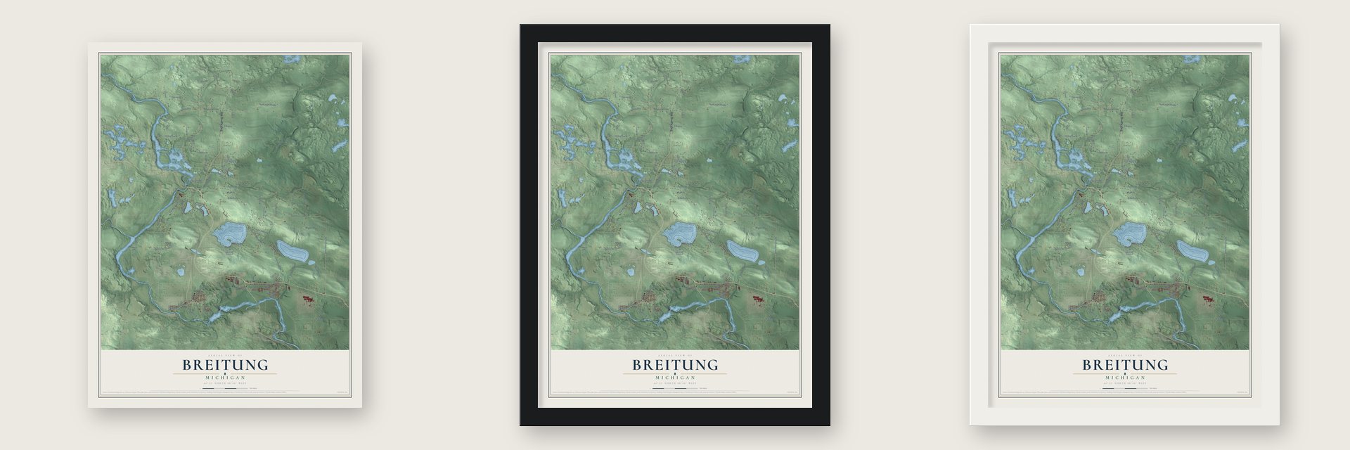 Breitung, Michigan map unframed, in a black wood frame and in a white wood frame
