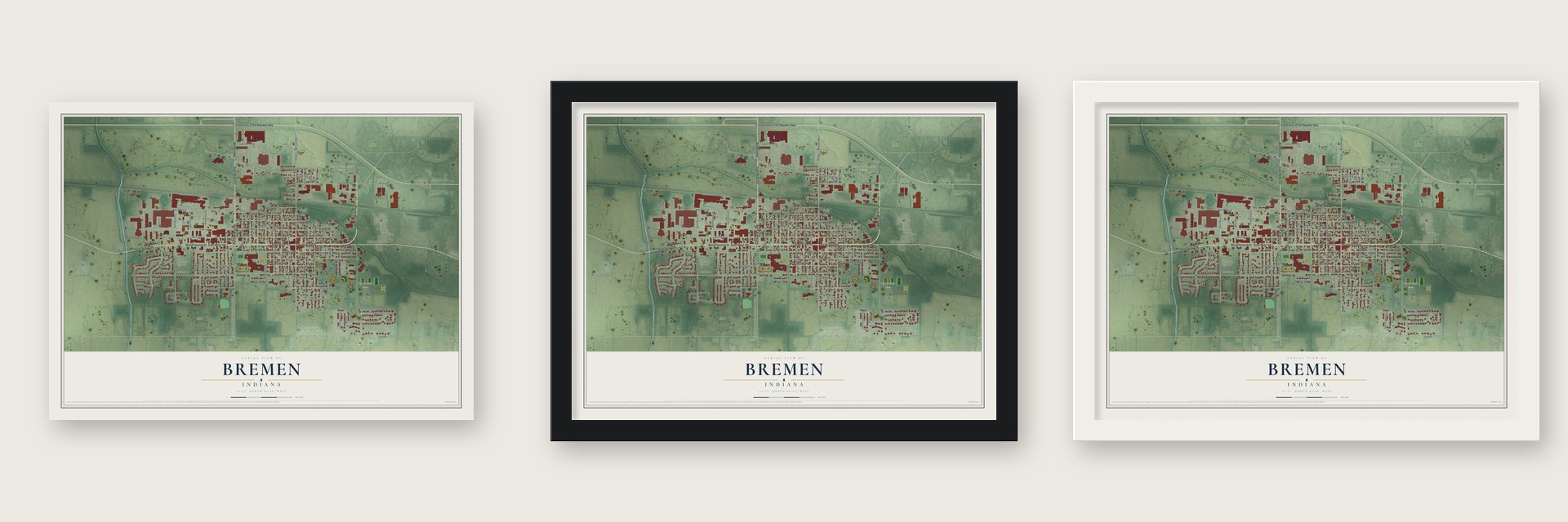 Bremen, Indiana map unframed, in a black wood frame and in a white wood frame