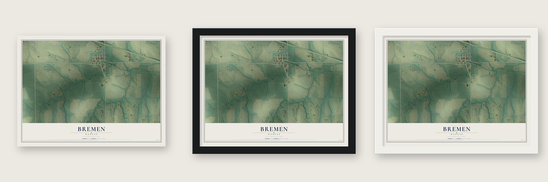Bremen, Kansas map unframed, in a black wood frame and in a white wood frame