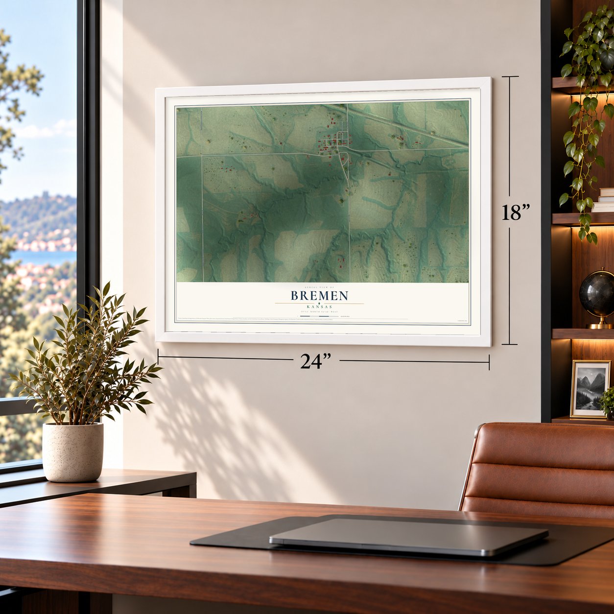 Bremen, Kansas map, 18 x 24 inch print in a white frame in a home office