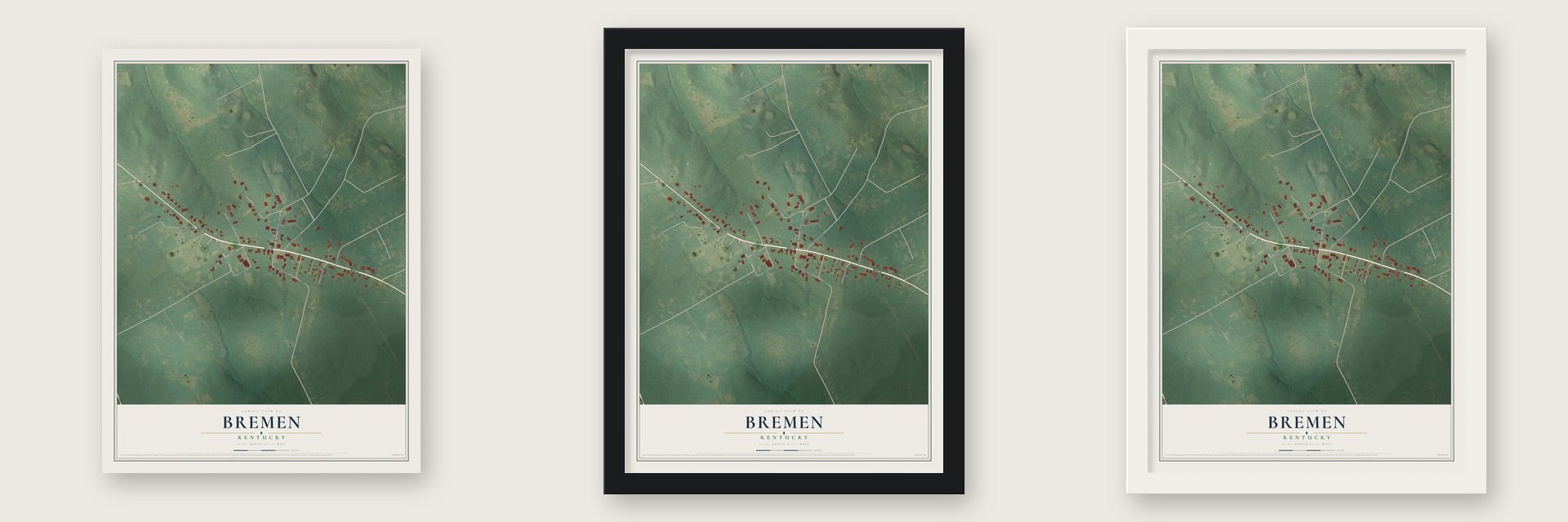 Bremen, Kentucky map unframed, in a black wood frame and in a white wood frame