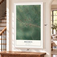 Bremen, Kentucky map, 24 x 36 inch print in a white frame by a staircase
