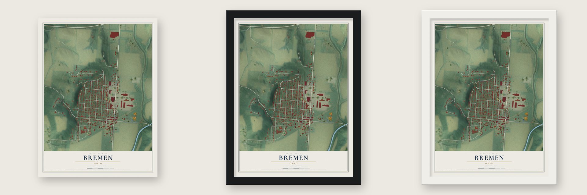 Bremen, Ohio map unframed, in a black wood frame and in a white wood frame