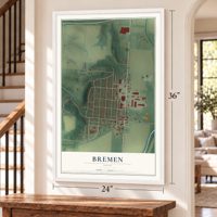 Bremen, Ohio map, 24 x 36 inch print in a white frame by a staircase