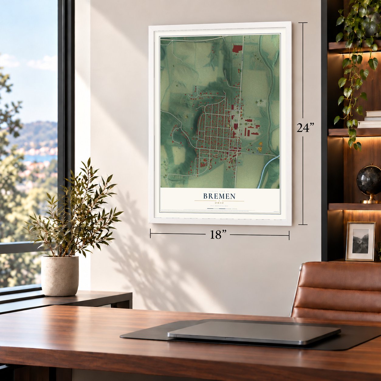 Bremen, Ohio map, 18 x 24 inch print in a white frame in a home office