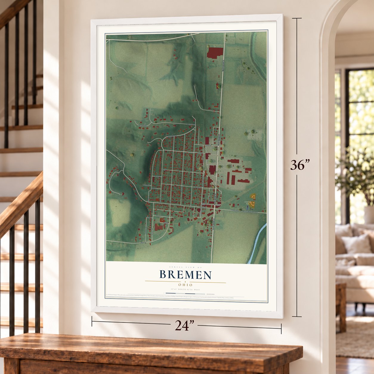 Bremen, Ohio map, 24 x 36 inch print in a white frame by a staircase