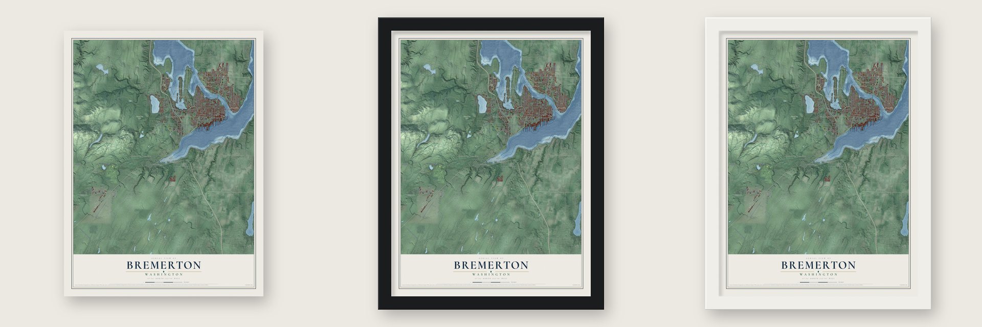 Bremerton, Washington map unframed, in a black wood frame and in a white wood frame