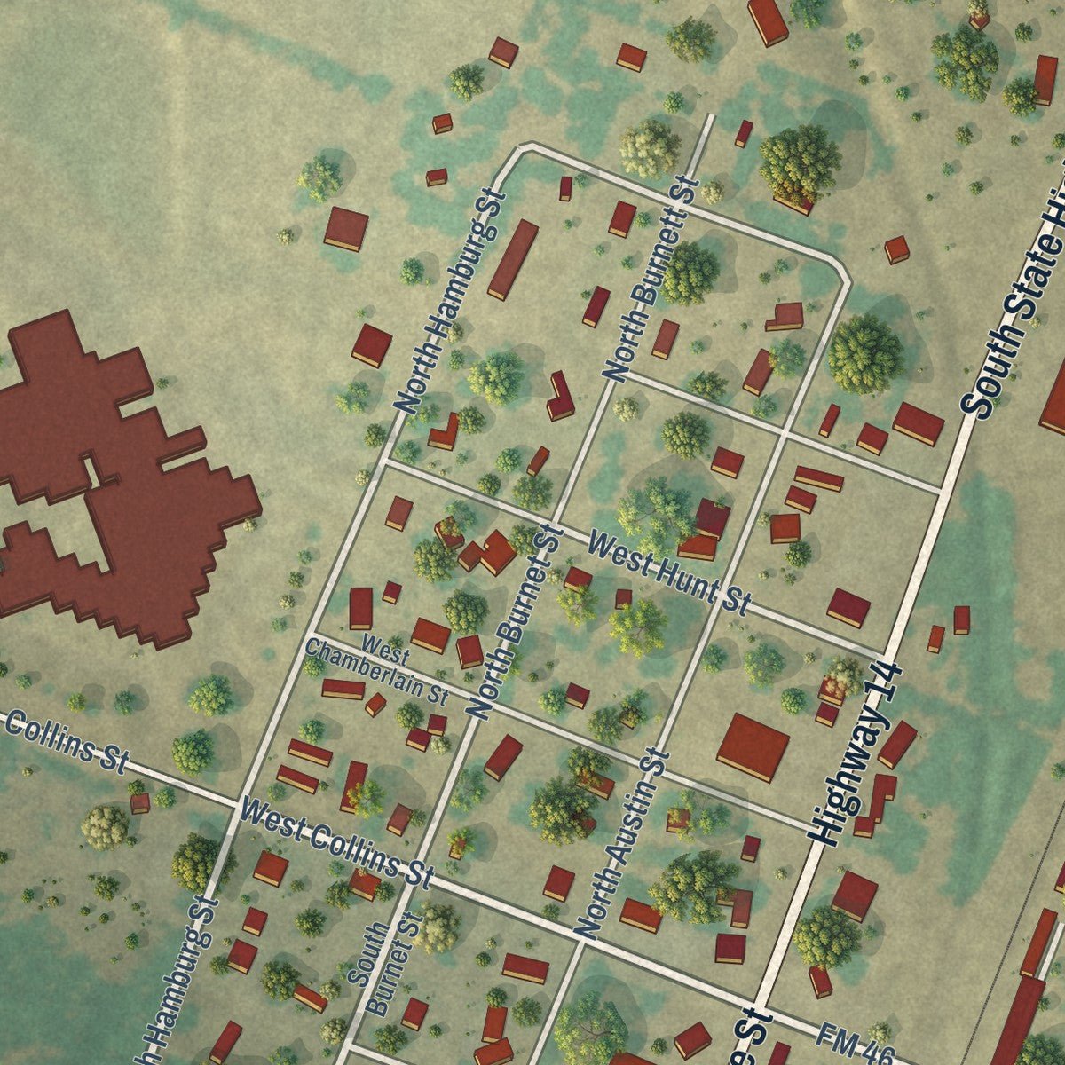 Second close-up of the map of Bremond, Texas print showing more streets and buildings