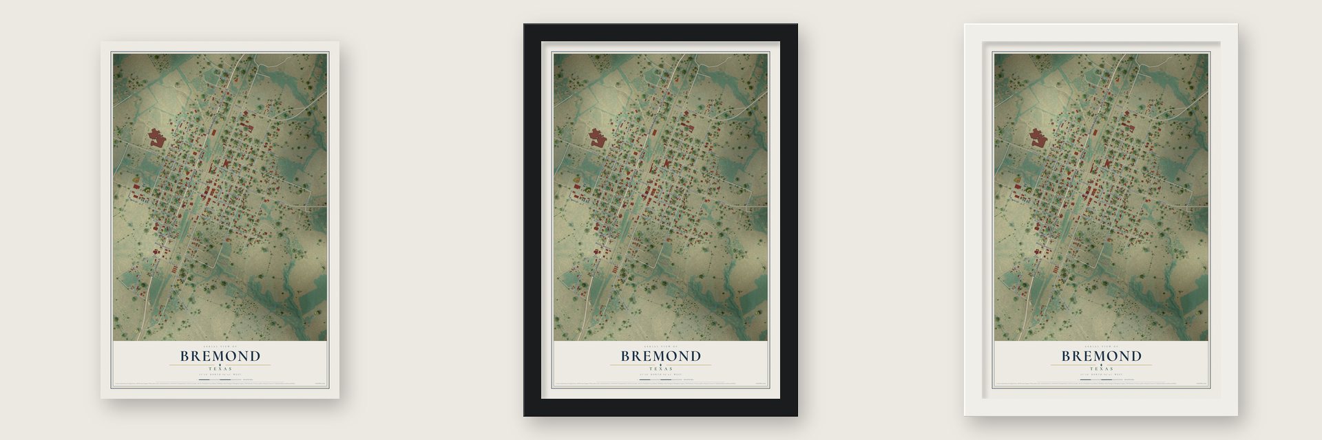 Bremond, Texas map unframed, in a black wood frame and in a white wood frame