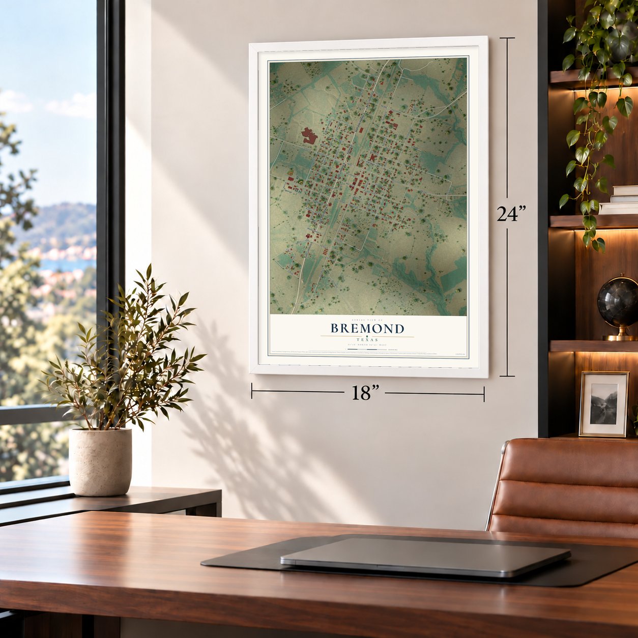 Bremond, Texas map, 18 x 24 inch print in a white frame in a home office