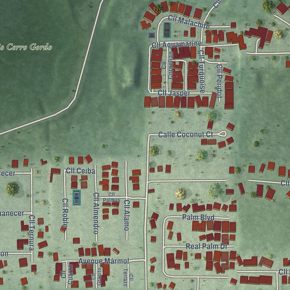 Second close-up of the map of Breñas, Puerto Rico print showing more streets and buildings