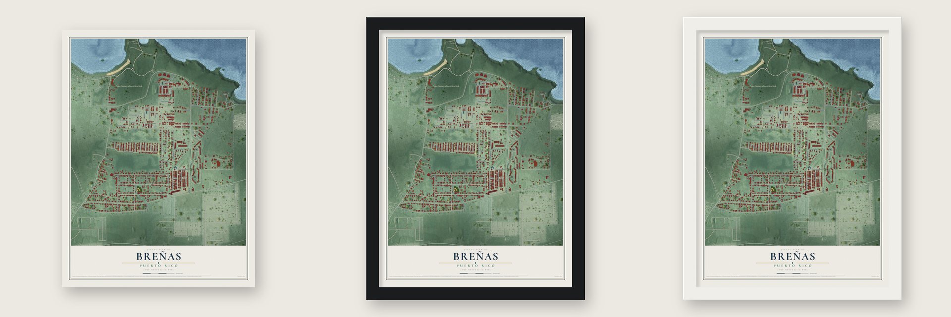 Breñas, Puerto Rico map unframed, in a black wood frame and in a white wood frame