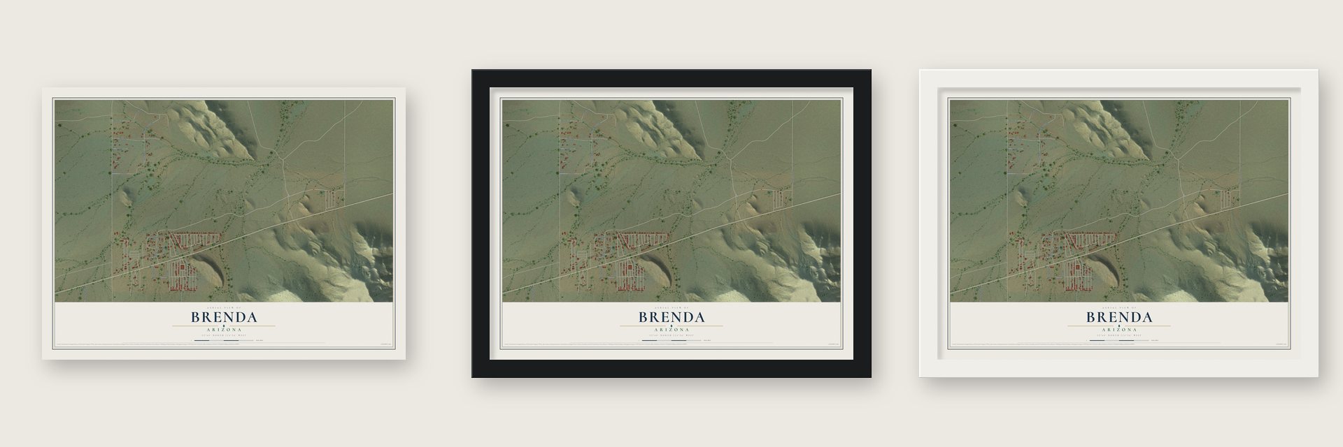 Brenda, Arizona map unframed, in a black wood frame and in a white wood frame
