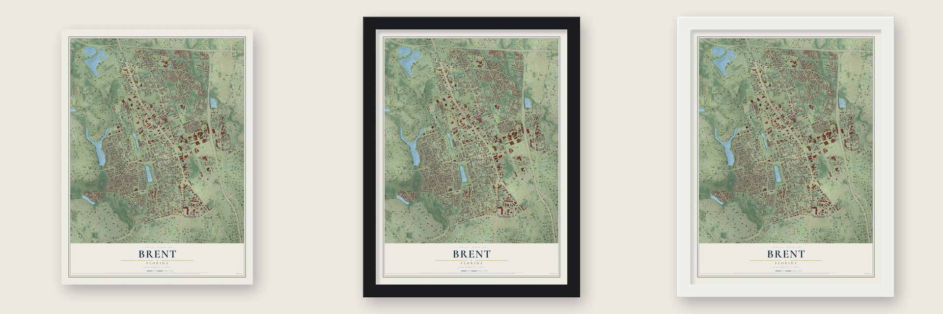 Brent, Florida map unframed, in a black wood frame and in a white wood frame
