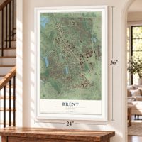 Brent, Florida map, 24 x 36 inch print in a white frame by a staircase