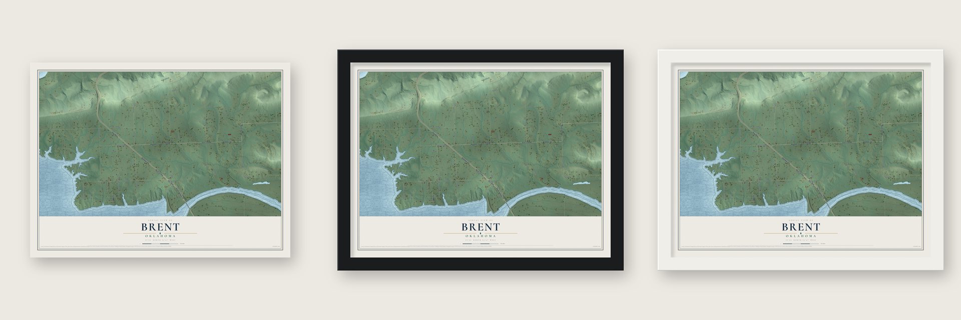 Brent, Oklahoma map unframed, in a black wood frame and in a white wood frame