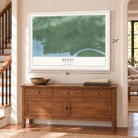 Brent, Oklahoma map, 24 x 36 inch print in a white frame above a dresser by a staircase