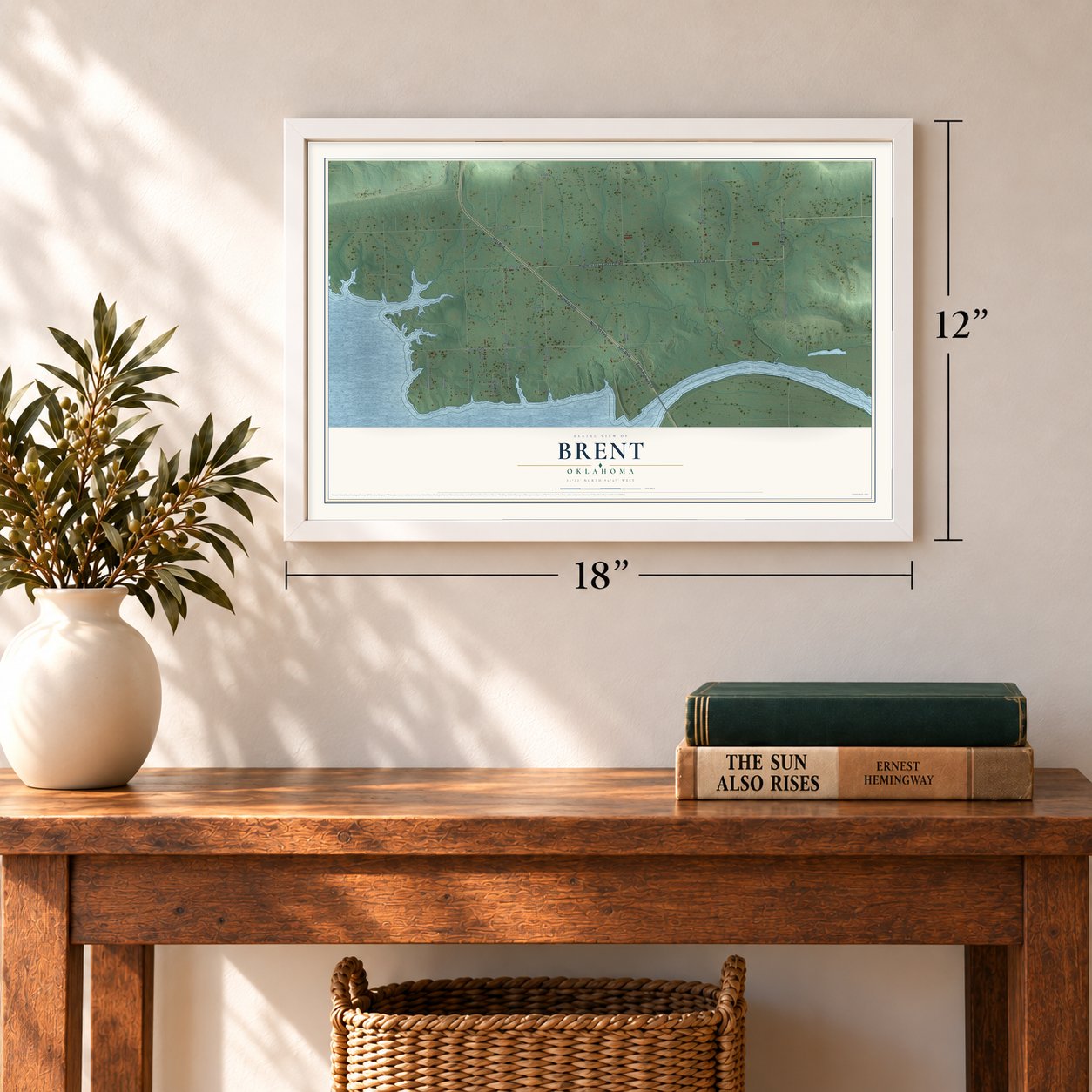 Brent, Oklahoma map, 12 x 18 inch print in a white frame in an entryway