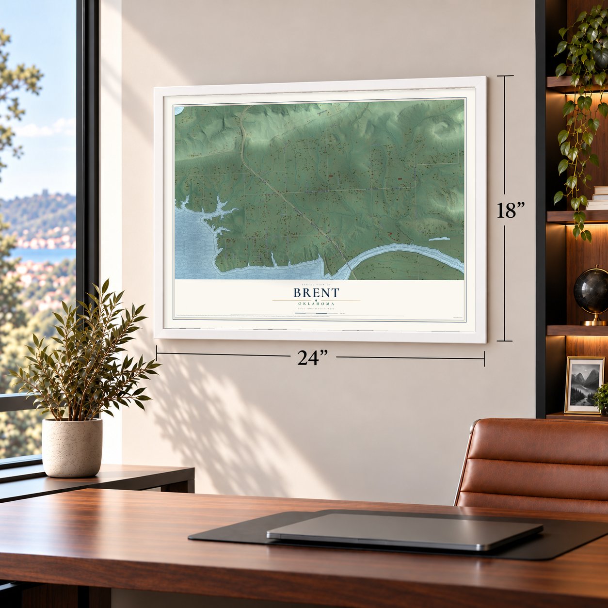 Brent, Oklahoma map, 18 x 24 inch print in a white frame in a home office