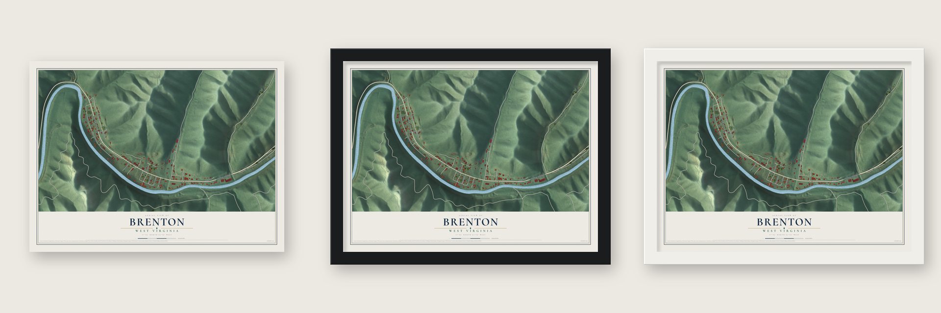 Brenton, West Virginia map unframed, in a black wood frame and in a white wood frame