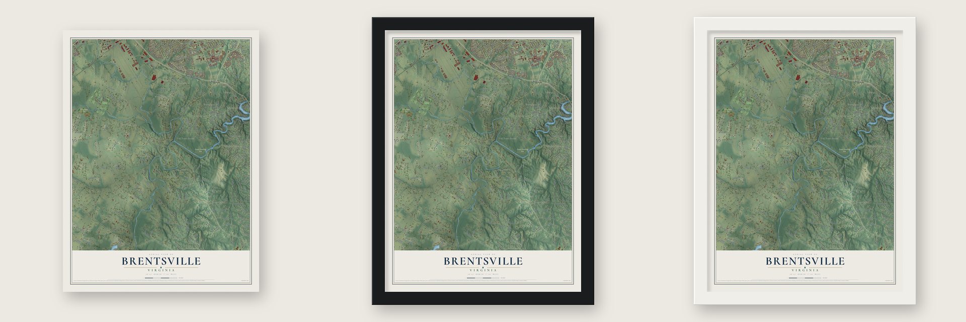 Brentsville, Virginia map unframed, in a black wood frame and in a white wood frame