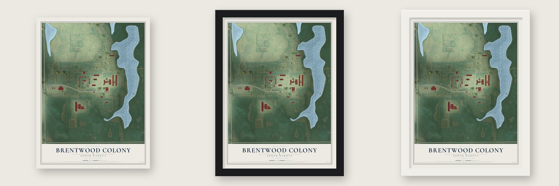 Brentwood Colony, South Dakota map unframed, in a black wood frame and in a white wood frame