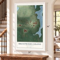 Brentwood Colony, South Dakota map, 24 x 36 inch print in a white frame by a staircase