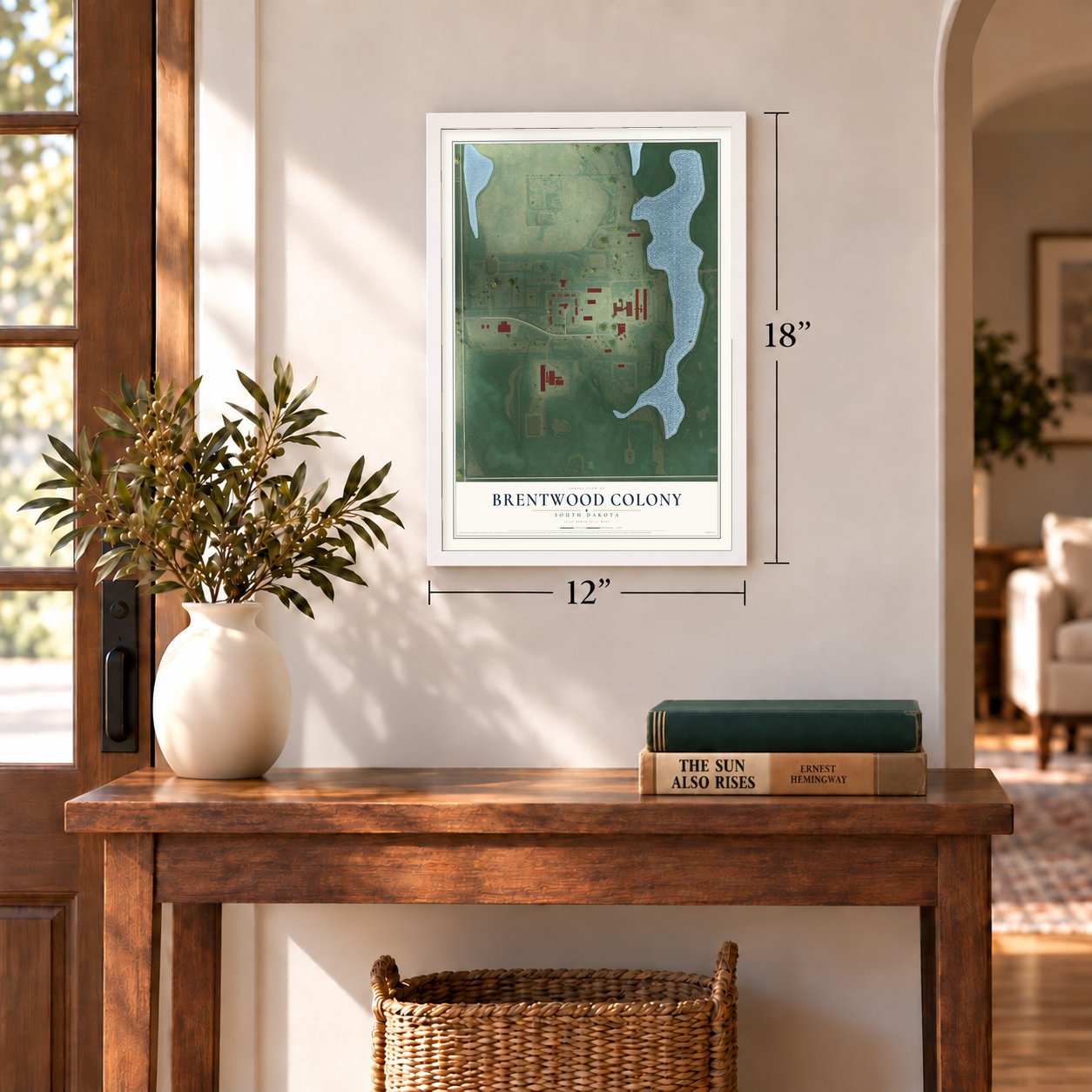 Brentwood Colony, South Dakota map, 12 x 18 inch print in a white frame in an entryway