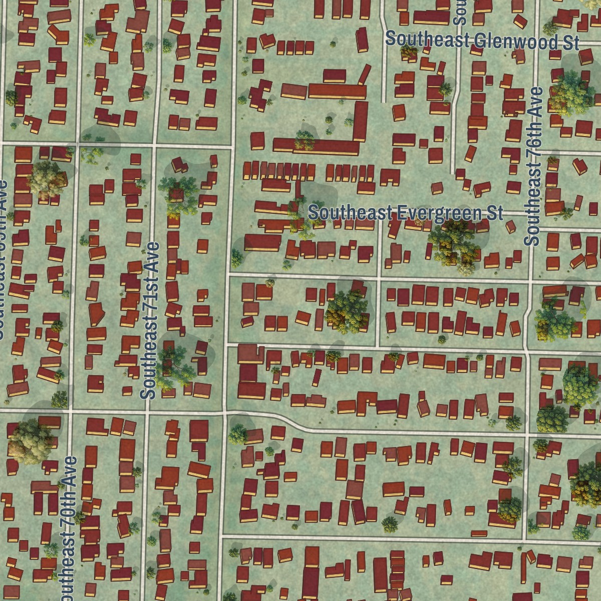 Second close-up of the map of Brentwood-Darlington, Oregon print showing more streets and buildings