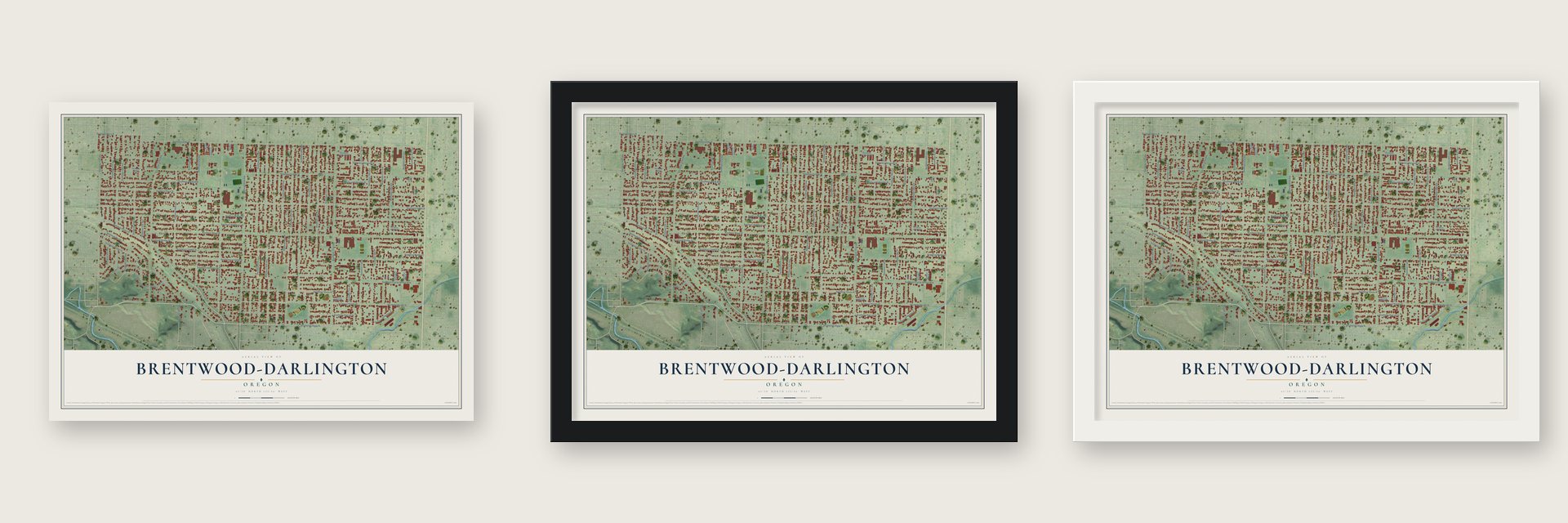 Brentwood-Darlington, Oregon map unframed, in a black wood frame and in a white wood frame
