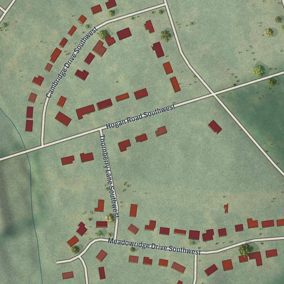Second close-up of the map of Brentwood, Georgia print showing more streets and buildings