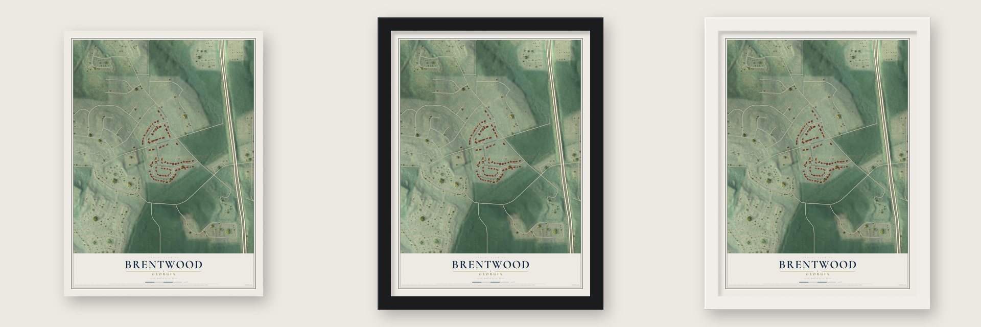 Brentwood, Georgia map unframed, in a black wood frame and in a white wood frame