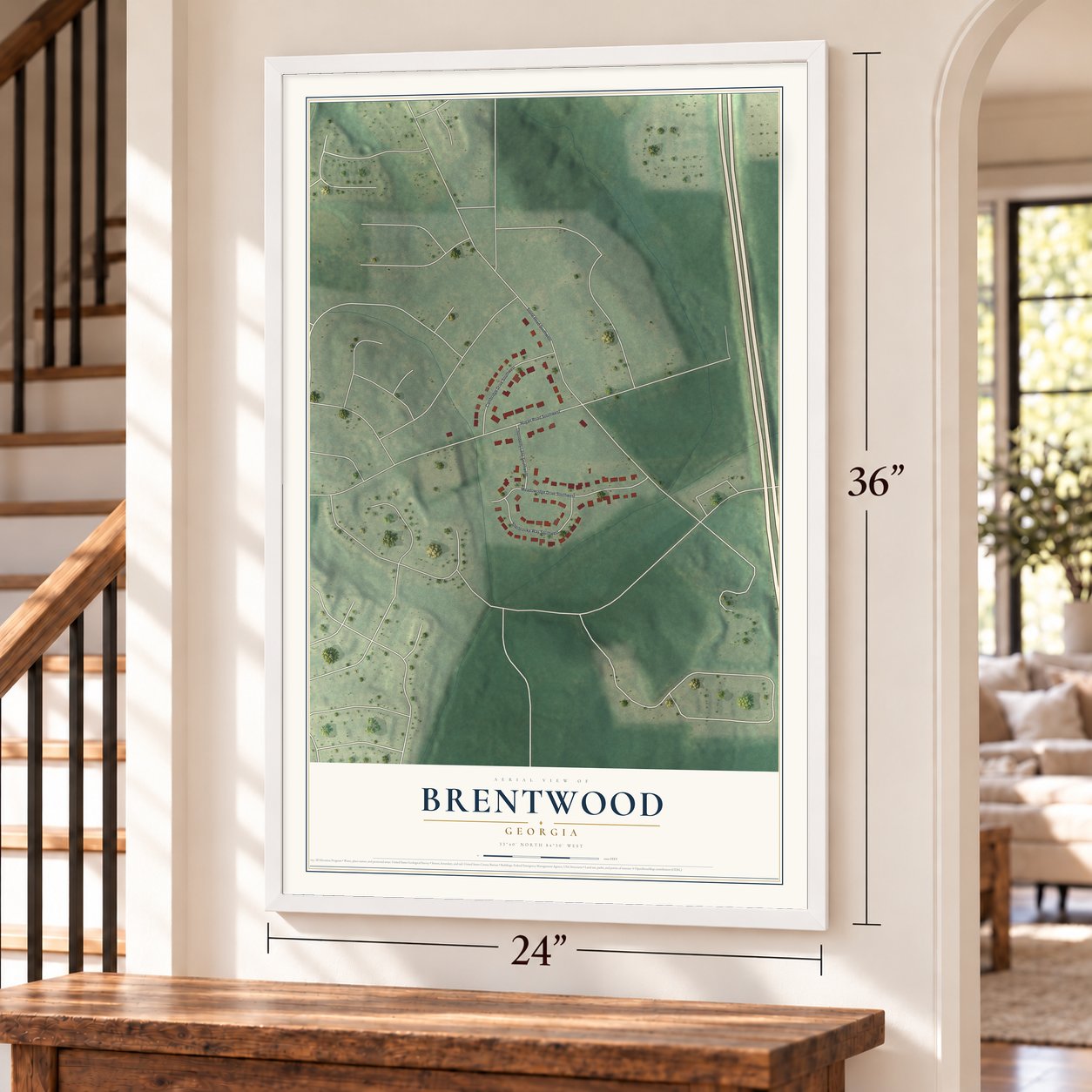 Brentwood, Georgia map, 24 x 36 inch print in a white frame by a staircase