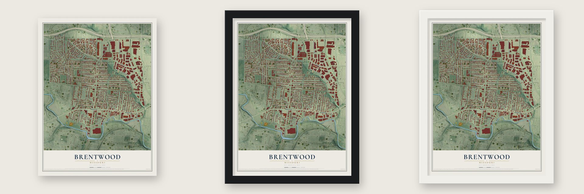 Brentwood, Missouri map unframed, in a black wood frame and in a white wood frame