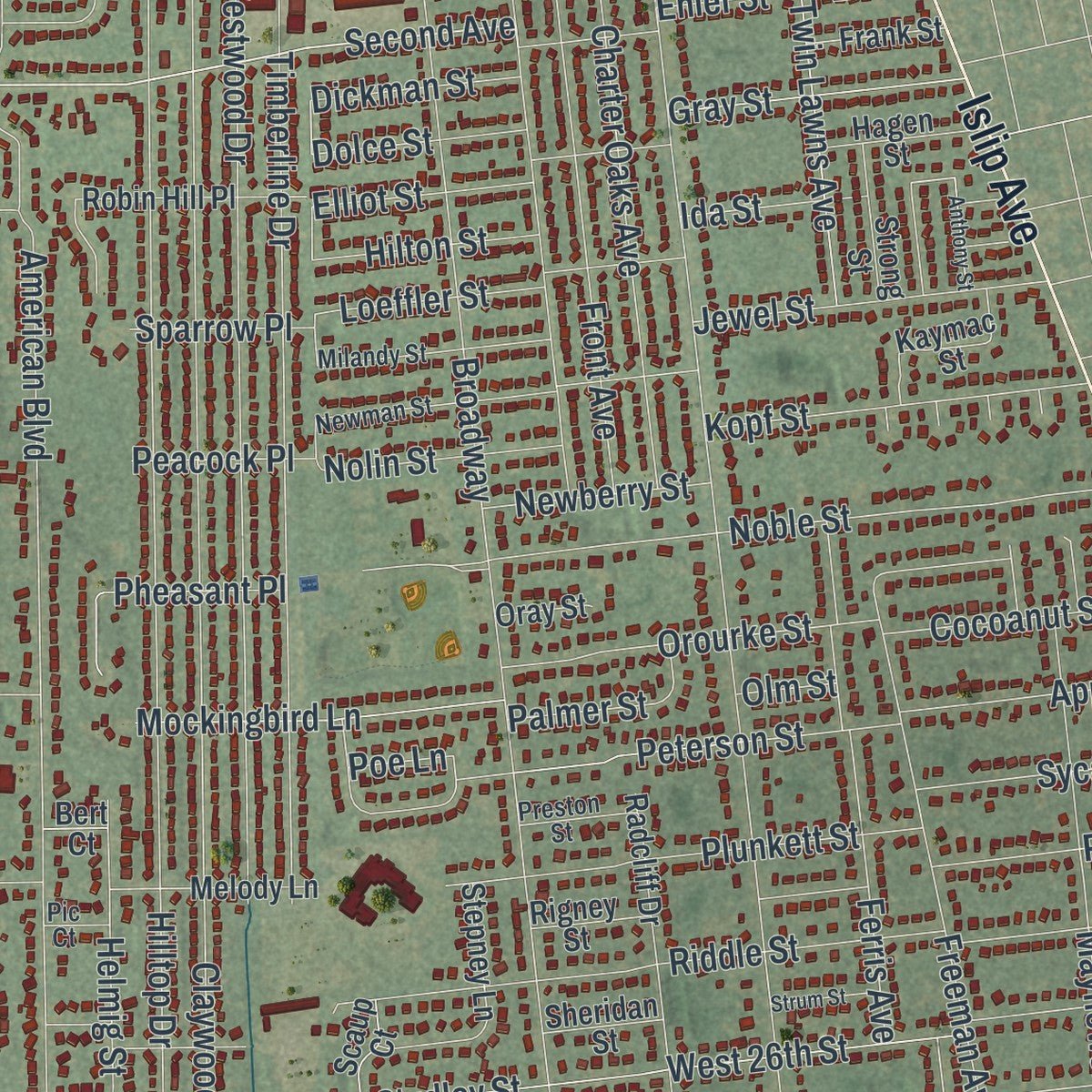 Second close-up of the map of Brentwood, New York print showing more streets and buildings