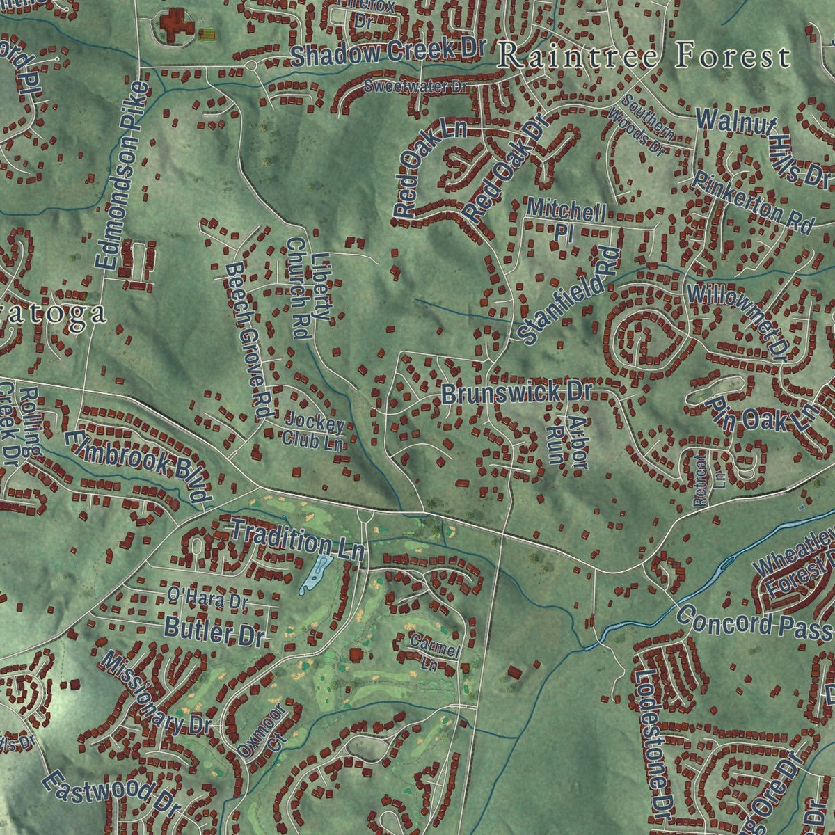 Second close-up of the map of Brentwood, Tennessee print showing more streets and buildings