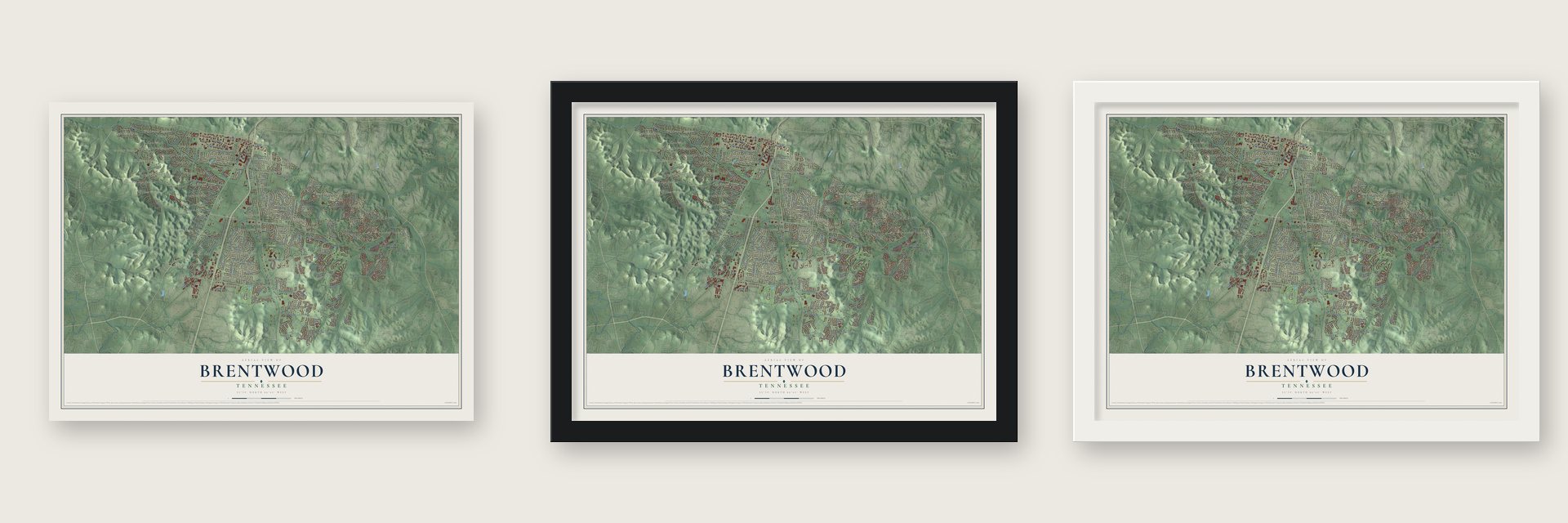 Brentwood, Tennessee map unframed, in a black wood frame and in a white wood frame