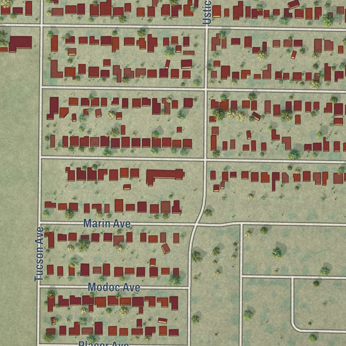 Second close-up of the map of Bret Harte, California print showing more streets and buildings