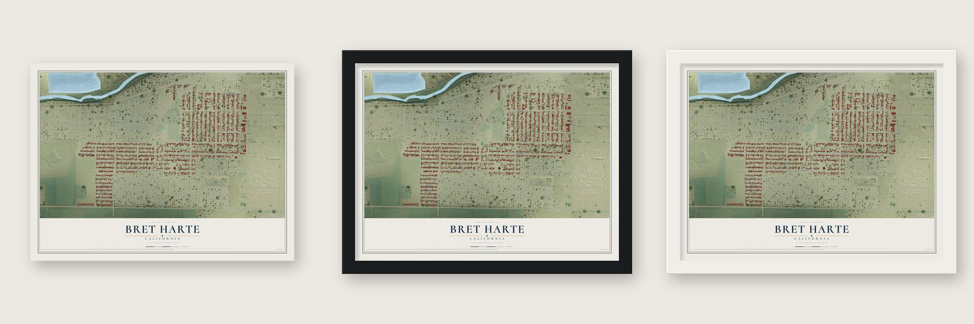 Bret Harte, California map unframed, in a black wood frame and in a white wood frame
