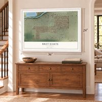 Bret Harte, California map, 24 x 36 inch print in a white frame above a dresser by a staircase
