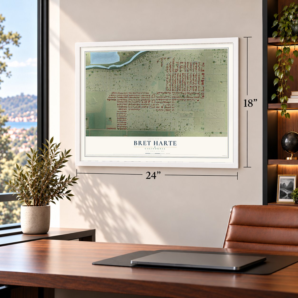 Bret Harte, California map, 18 x 24 inch print in a white frame in a home office